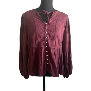 Old Navy Womens Eyelet Balloon Sleeve Blouse Size L Peasant Boho Cottageore